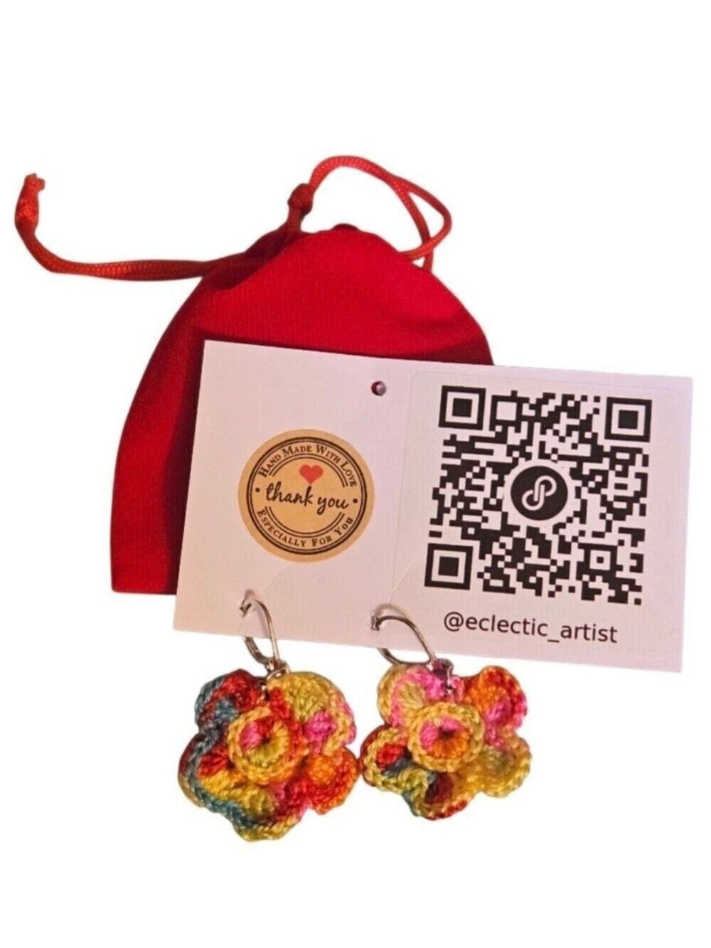 Hand Crafted Multi Color Crochet Flower Earrings Festival Wear Rainbow Jewelry - Picture 16 of 16